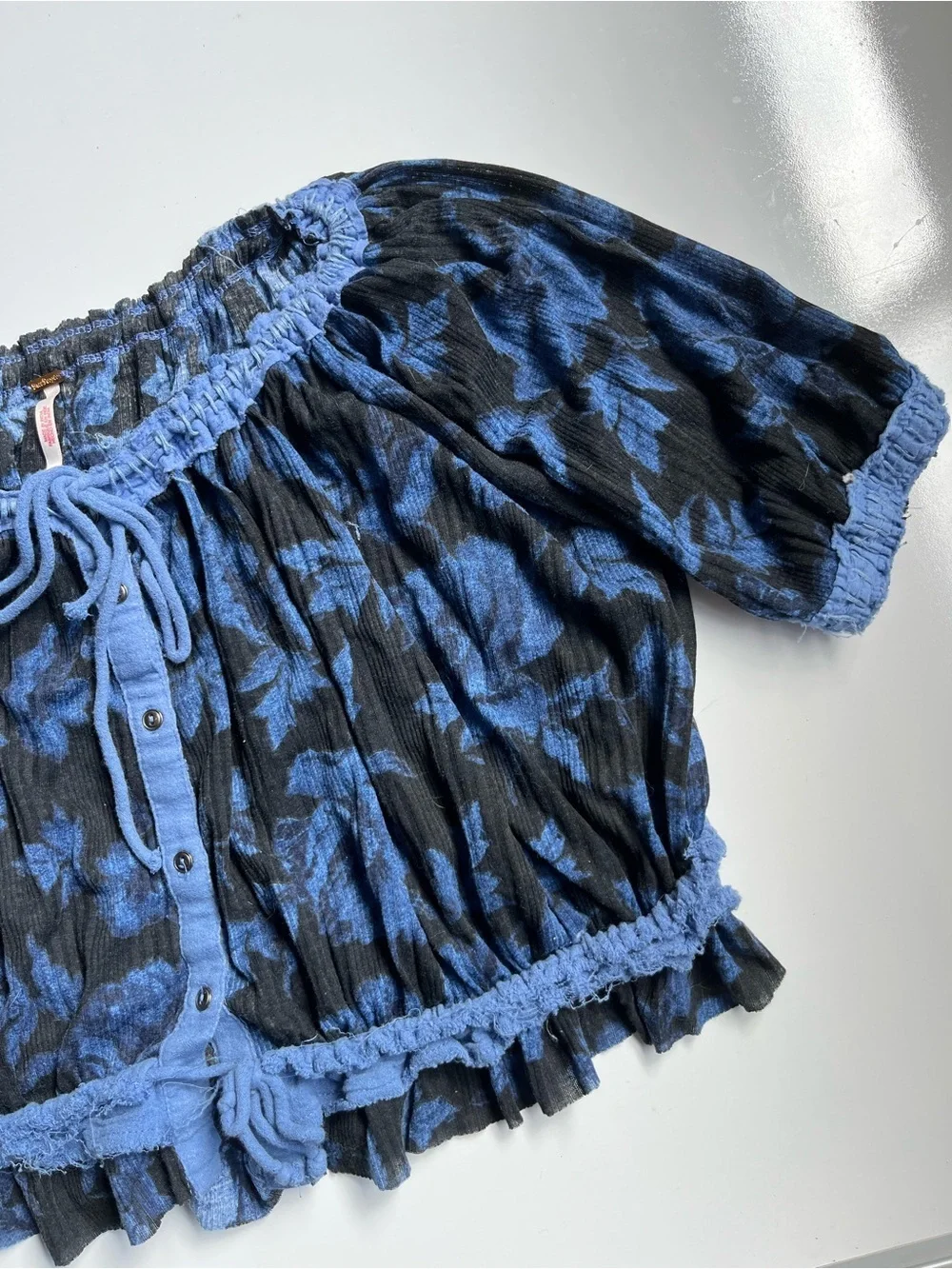 Free People perfect day Blue and Black Floral Smocked Crop Blouse